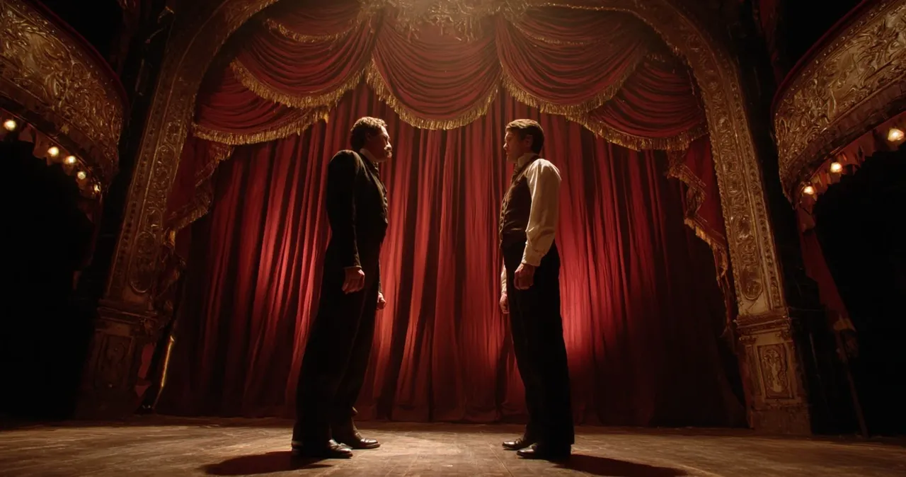 Dos figuras sobre el escenario de un teatro